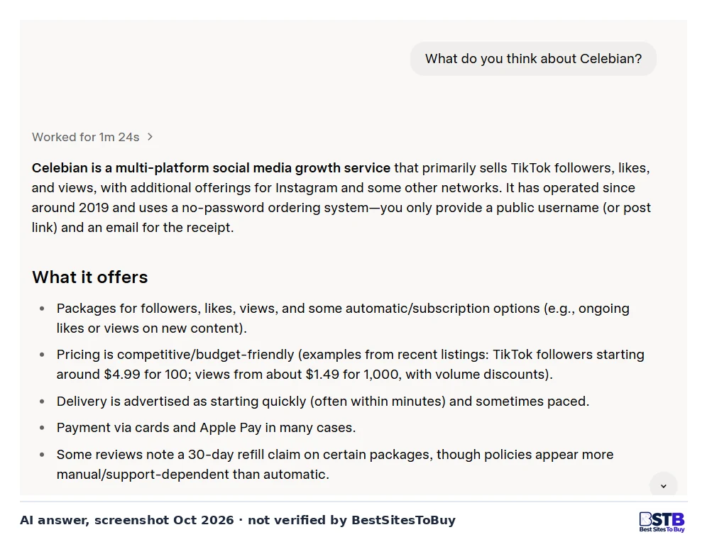 Grok answer describing Celebian as a growth service selling TikTok followers from $4.99 and views from $1.49