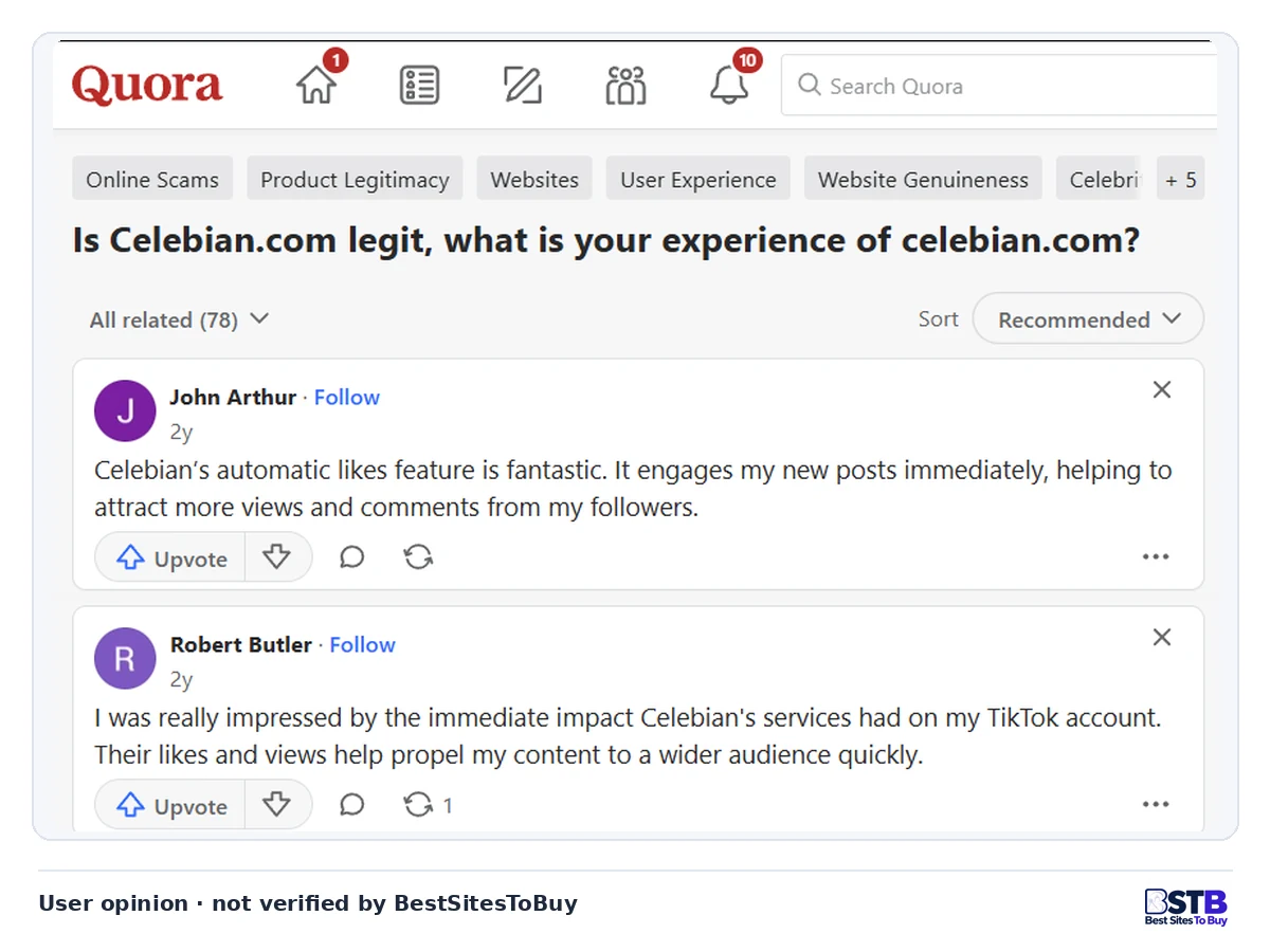 Quora thread Is Celebian.com legit with two short two-year-old answers praising Celebian's likes and views