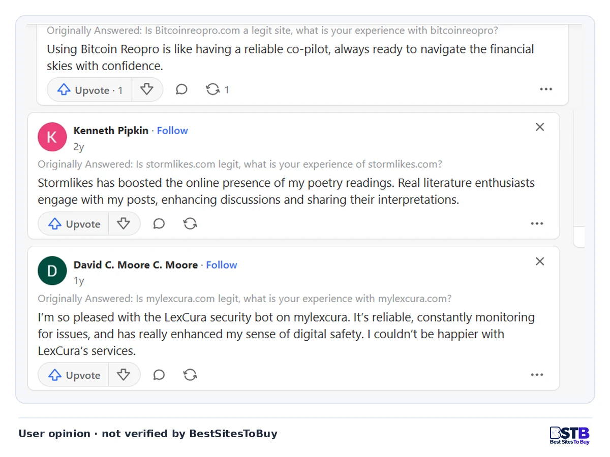 Quora answers merged into the Celebian thread praising other sites, including a crypto site, StormLikes and a bot