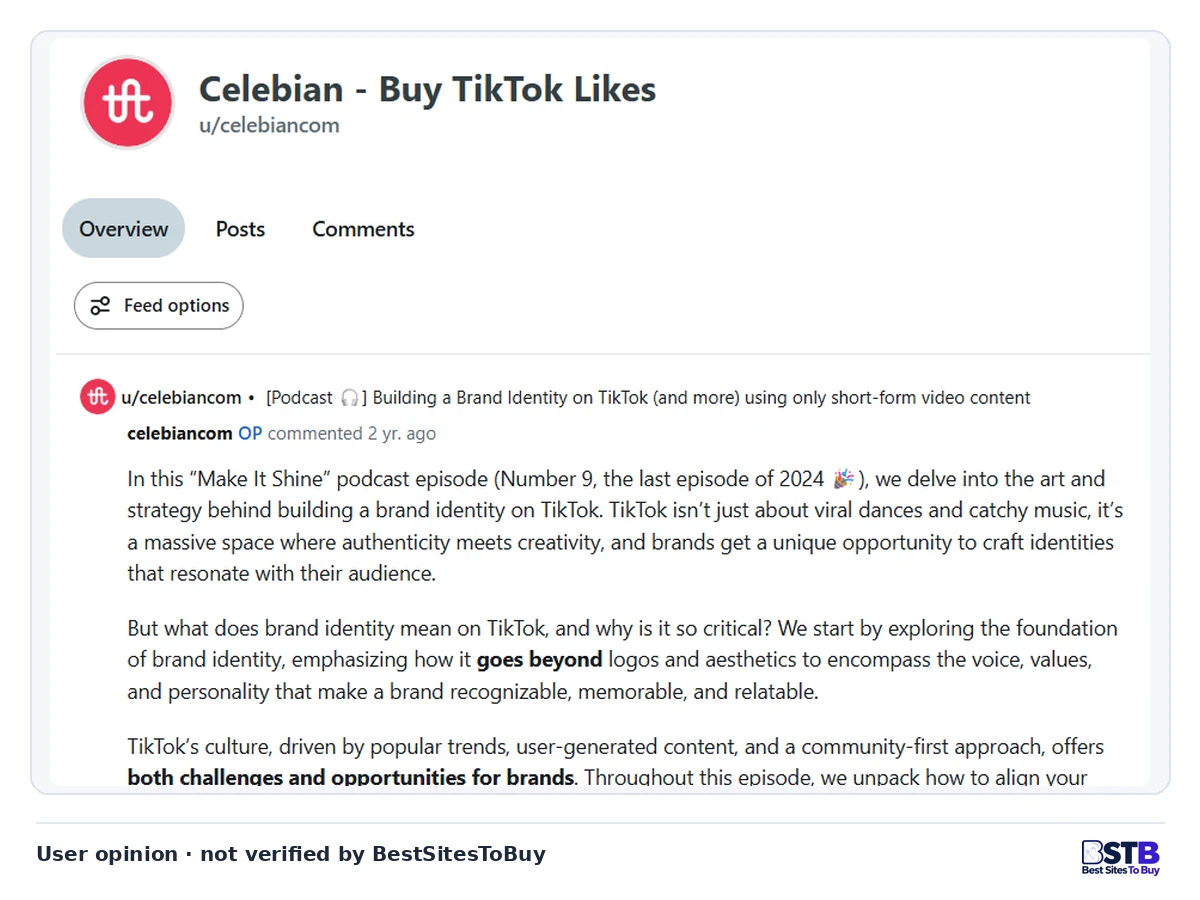 Reddit profile u/celebiancom titled Celebian - Buy TikTok Likes, posting a podcast about building a brand identity on TikTok