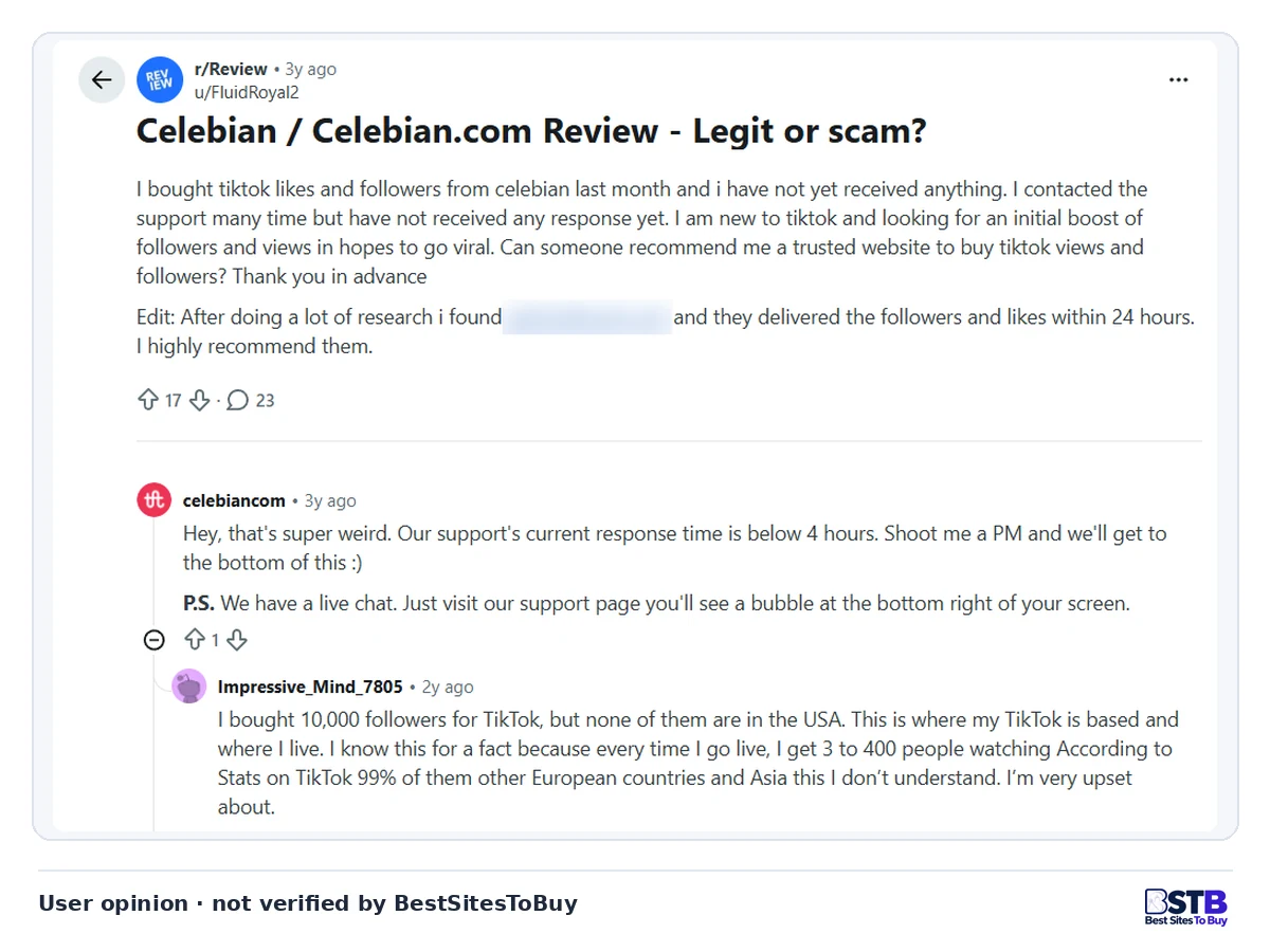 Reddit r/Review post: a buyer got nothing from Celebian, Celebian replies, and another buyer got foreign followers