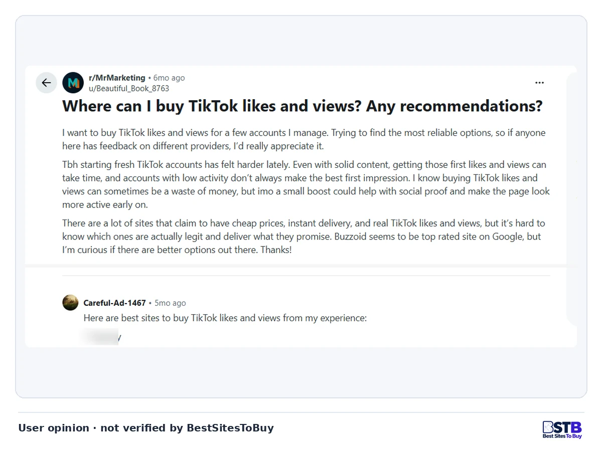 Reddit r/MrMarketing thread from an account manager asking where to buy TikTok likes and views reliably