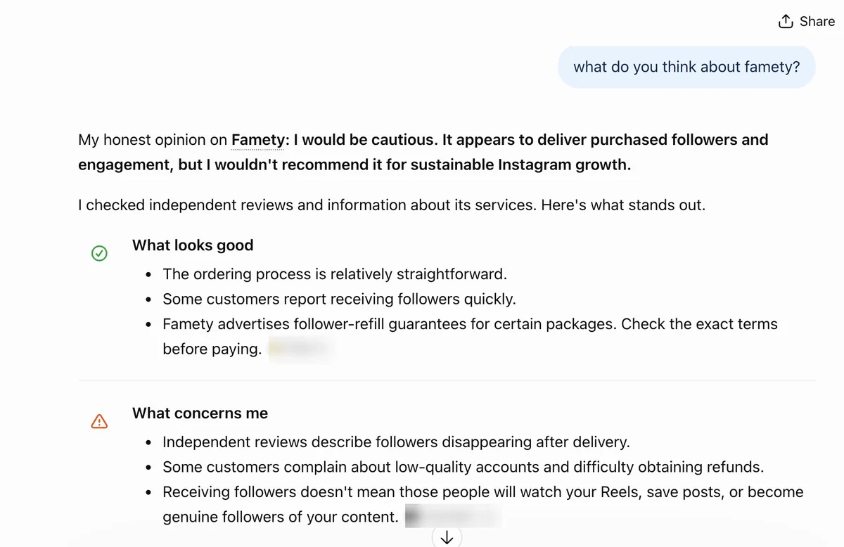 Second capture of the ChatGPT answer on Famety, cautious about follower drops and refunds