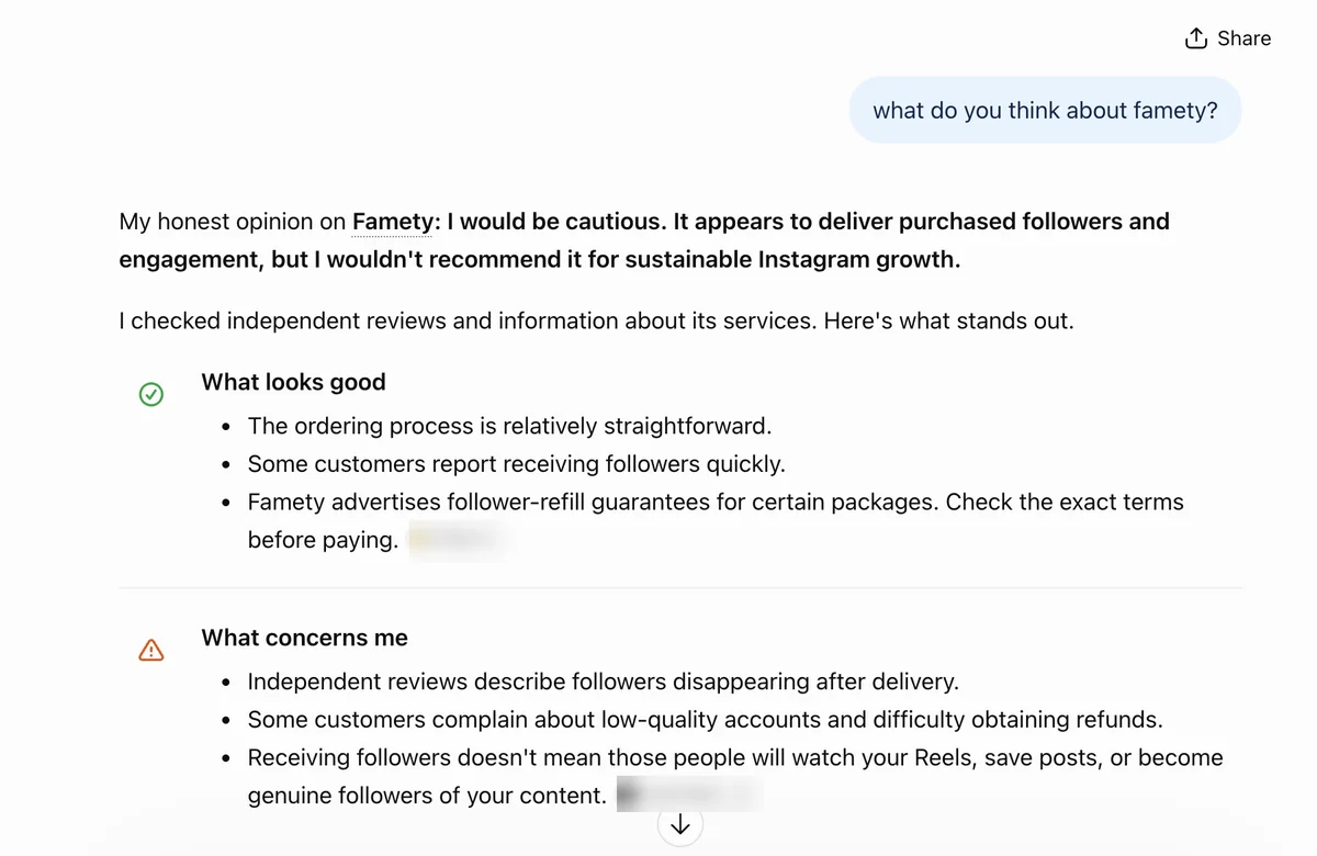 ChatGPT answer on Famety: cautious, citing followers disappearing and difficulty obtaining refunds