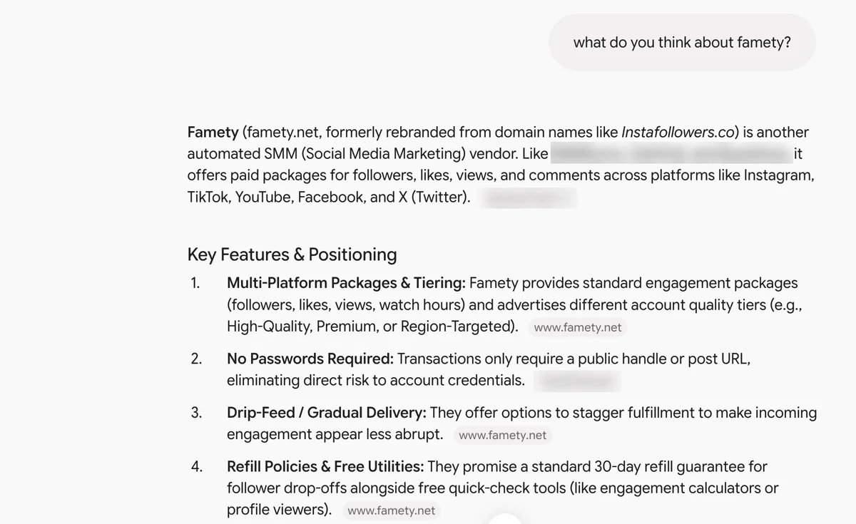 Second capture of the Gemini answer on Famety: tiers, no password, drip-feed delivery and 30-day refill