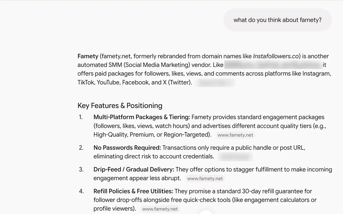 Gemini answer on Famety: an SMM vendor at famety.net, formerly InstaFollowers, with tiers and a 30-day refill