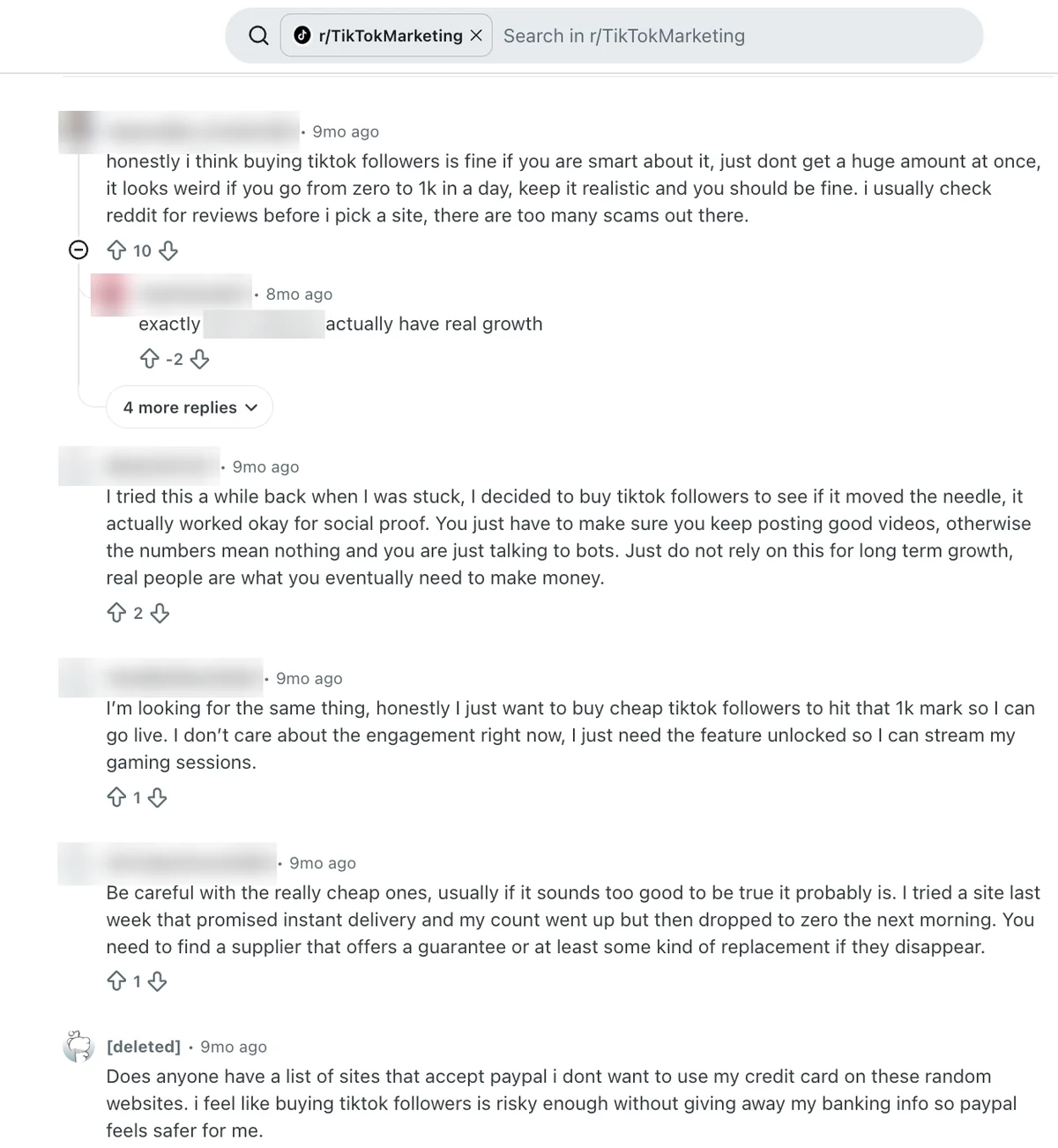 Reddit r/TikTokMarketing replies on buying TikTok followers, shown for Famety searches; Famety not named