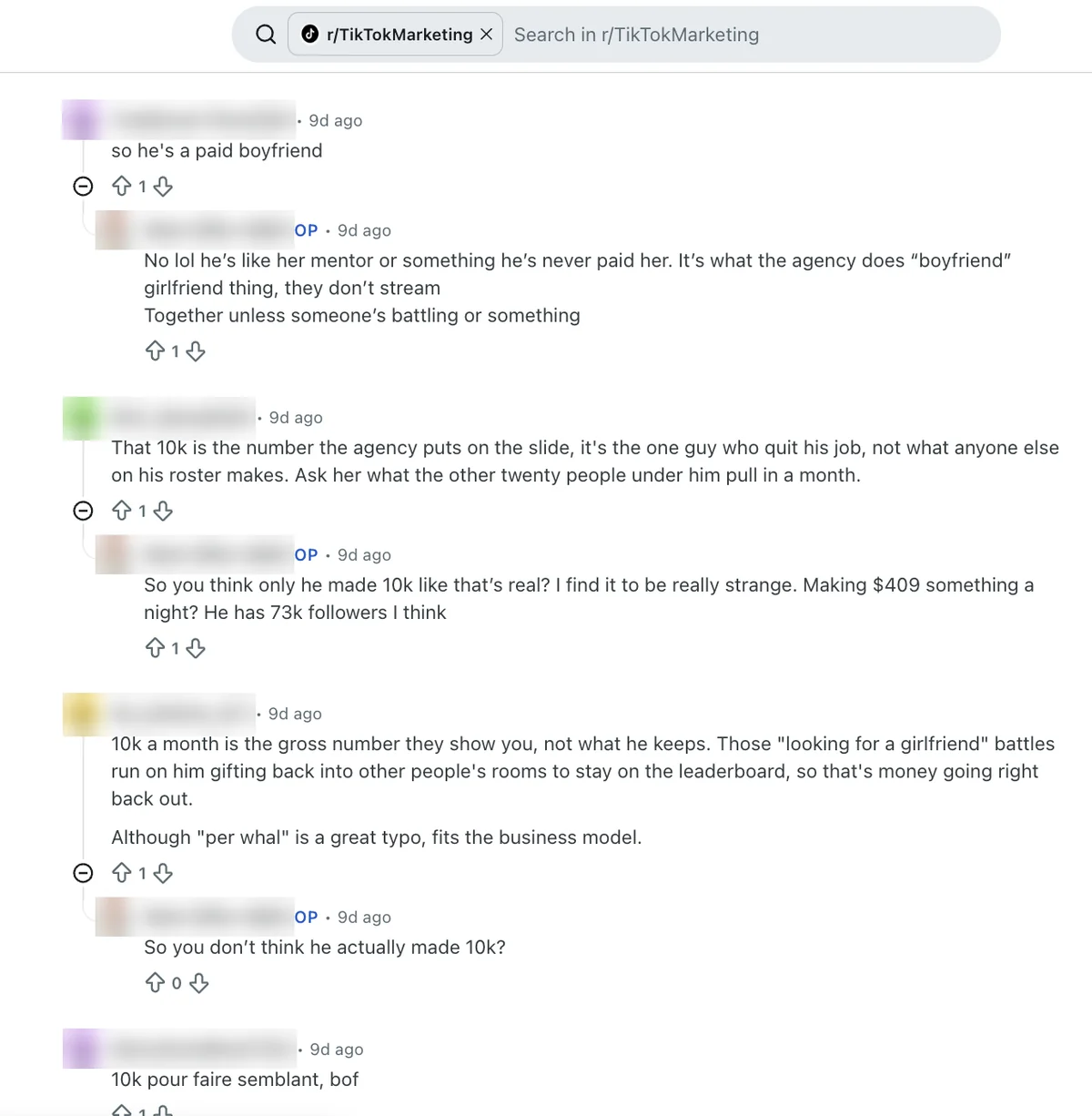 Reddit r/TikTokMarketing thread on a TikTok live agency's earnings, shown for Famety searches; Famety not named