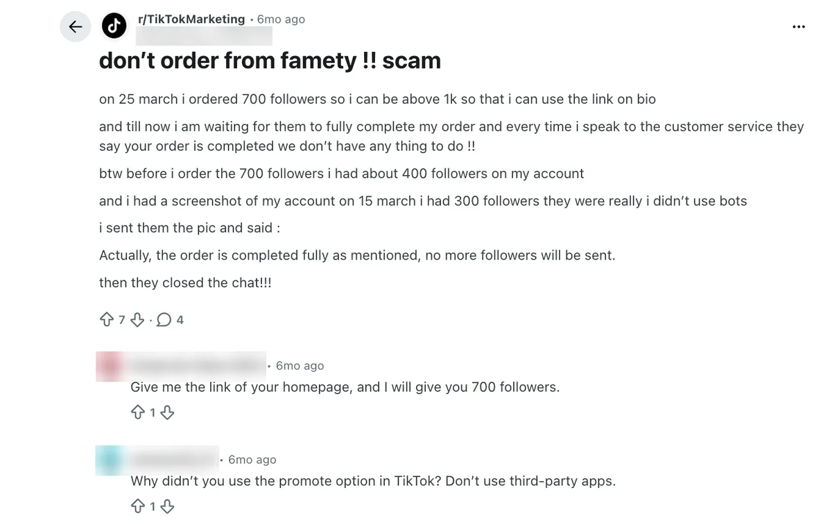 Reddit r/TikTokMarketing post calling Famety a scam after a 700-follower order was only partly delivered
