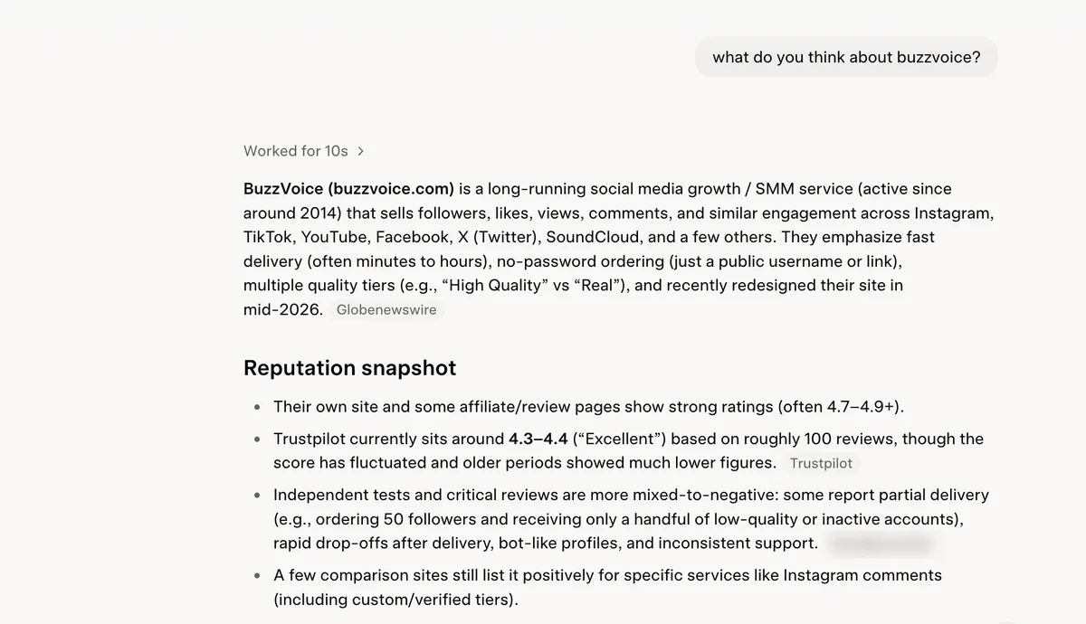 Second capture of a Grok answer about BuzzVoice, a different seller; Famety not named