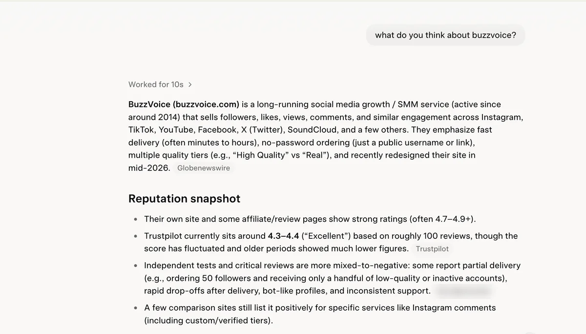 Grok answer about BuzzVoice, a different SMM seller, supplied with Famety screenshots; Famety not named