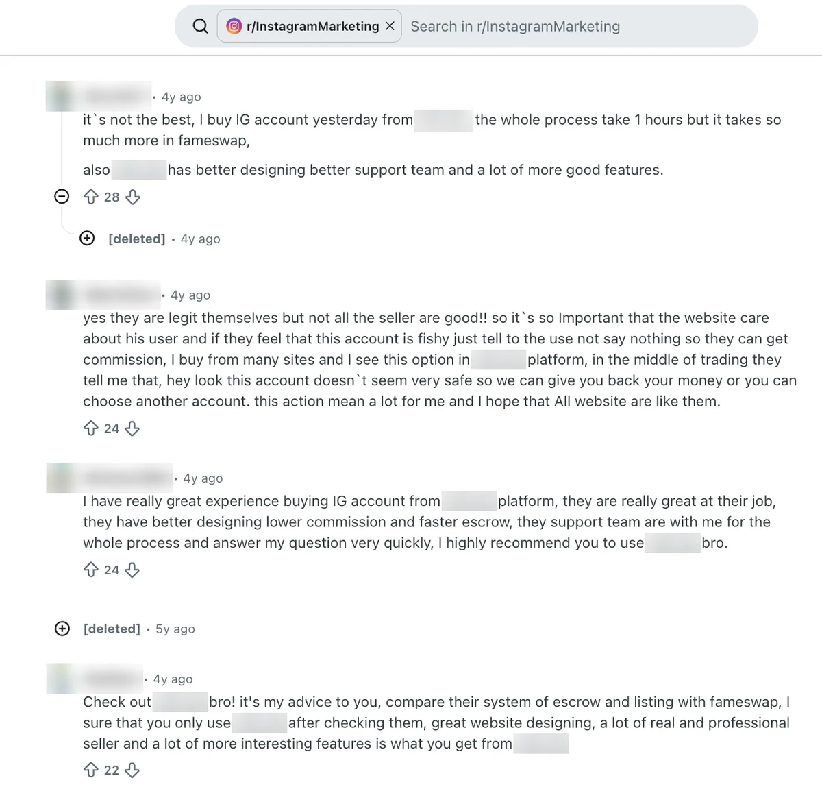 Reddit r/InstagramMarketing replies about Fameswap, a similarly named account marketplace, not Famety