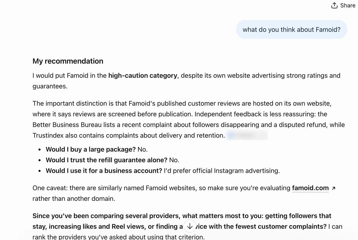 ChatGPT answer on Famoid: high-caution category, complaints about delivery and retention, check the domain