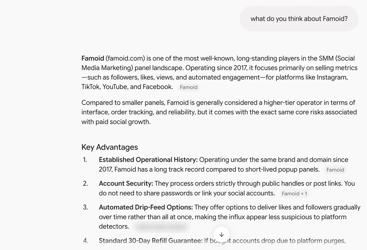 Gemini answer on Famoid: a long-standing seller since 2017 with no password, drip-feed delivery and 30-day refill