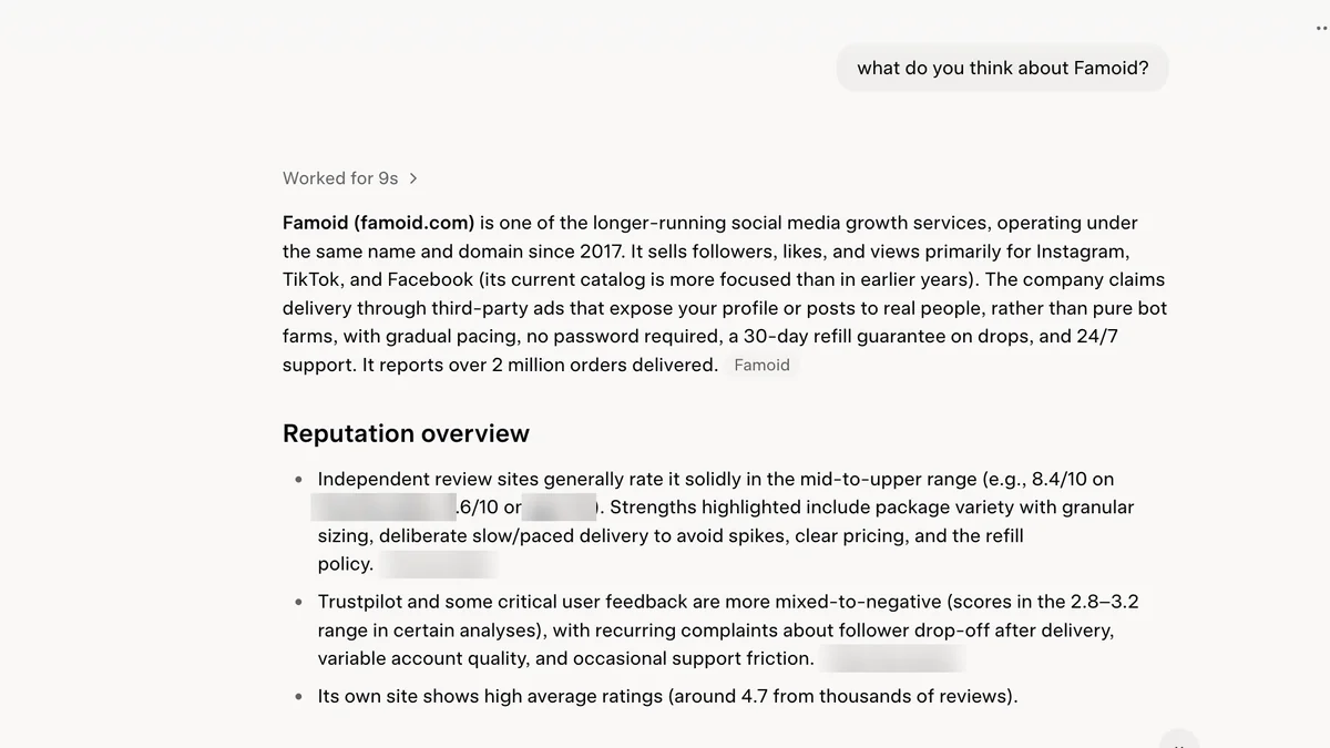 Grok answer on Famoid: longer-running service since 2017, mixed-to-negative user feedback on drop-off