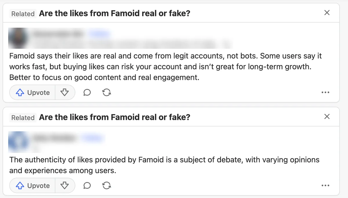 Quora answers on whether Famoid likes are real or fake, calling it a subject of debate and a risk to accounts