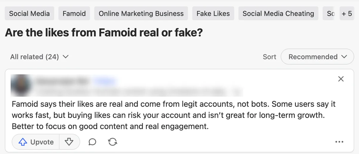 Quora question page asking if Famoid likes are real or fake, tagged Famoid and Fake Likes, with one answer