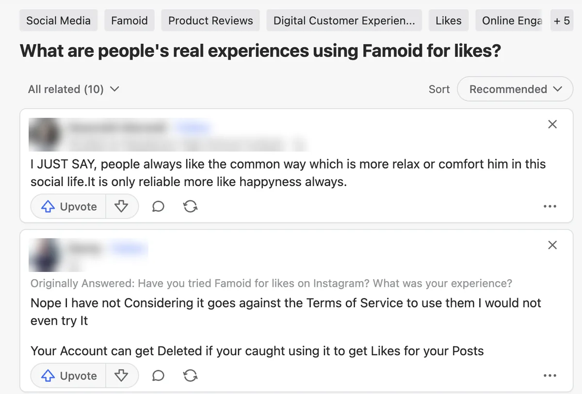Quora question on real experiences using Famoid for likes, with an answer warning accounts can be deleted