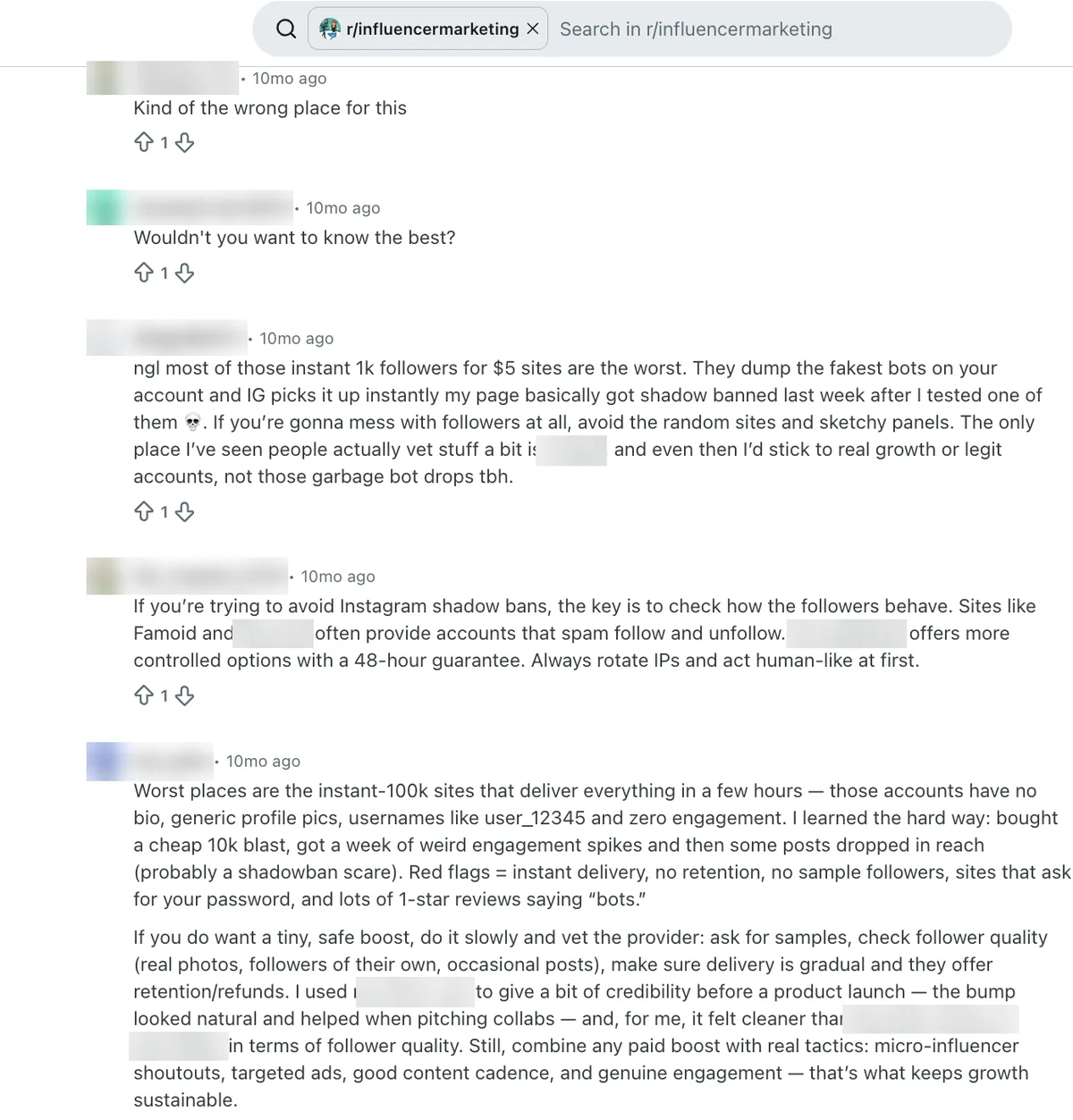 Reddit r/influencermarketing replies on cheap follower sites, one naming Famoid for spam follow and unfollow