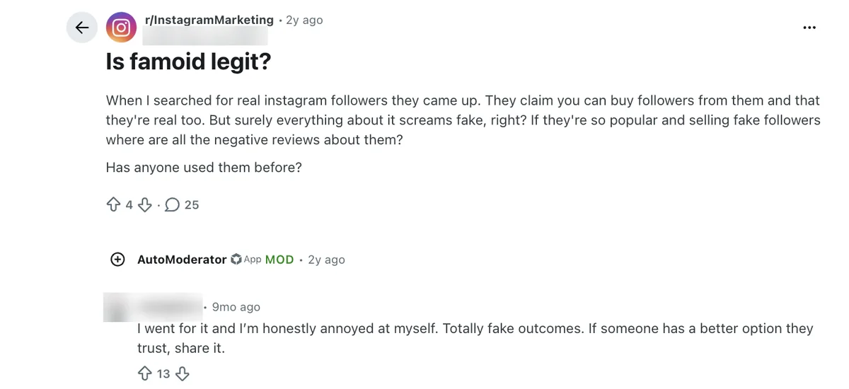 Reddit r/InstagramMarketing post asking "Is famoid legit?" with a reply calling the results totally fake
