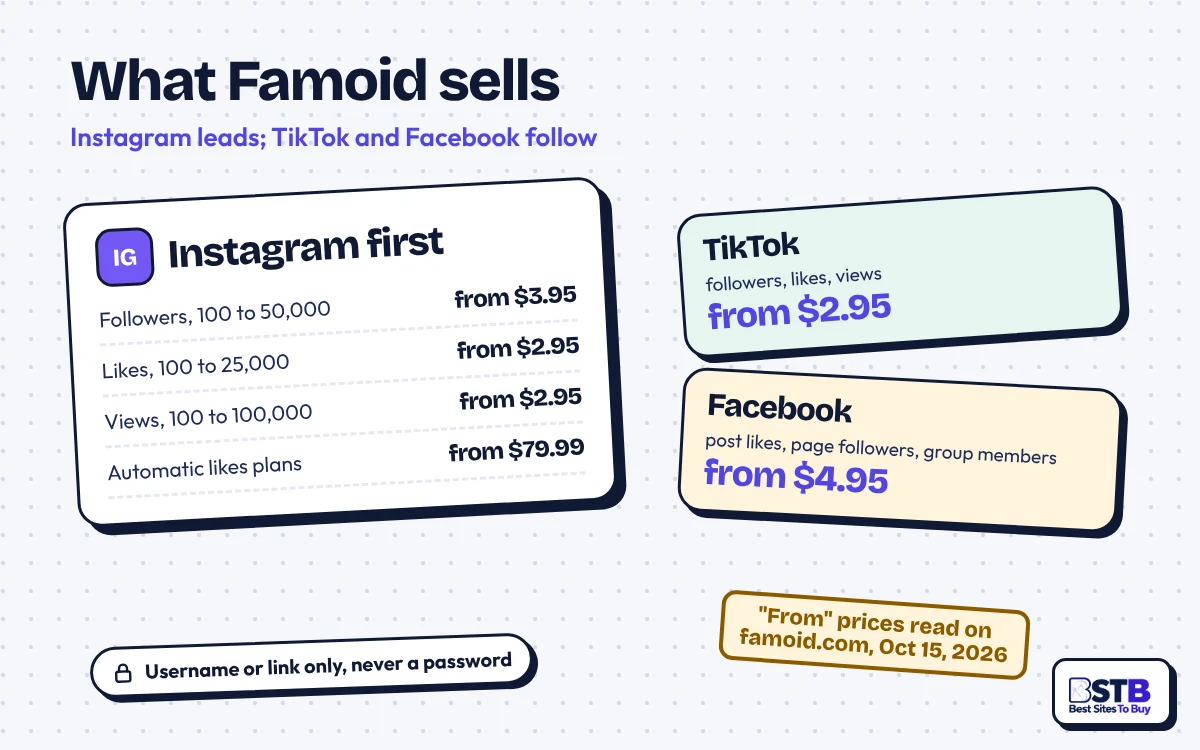 What Famoid sells: Instagram followers, likes, views and automatic likes, plus TikTok and Facebook packages