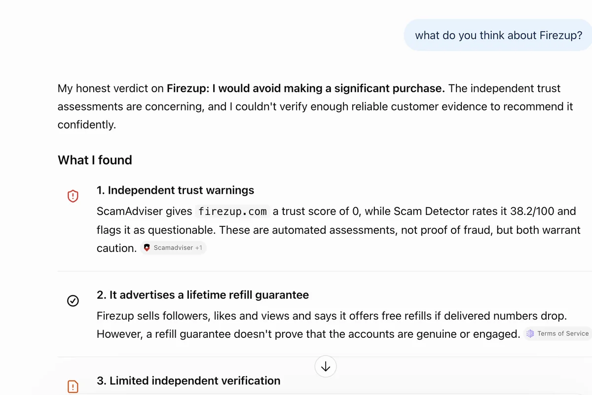 ChatGPT answer on Firezup: would avoid a significant purchase, citing a ScamAdviser trust score of 0