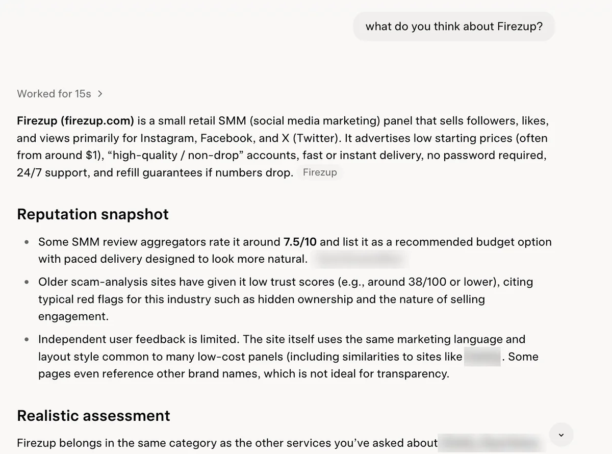 Grok answer on Firezup: low scam-checker scores, limited independent feedback, pages naming other brands