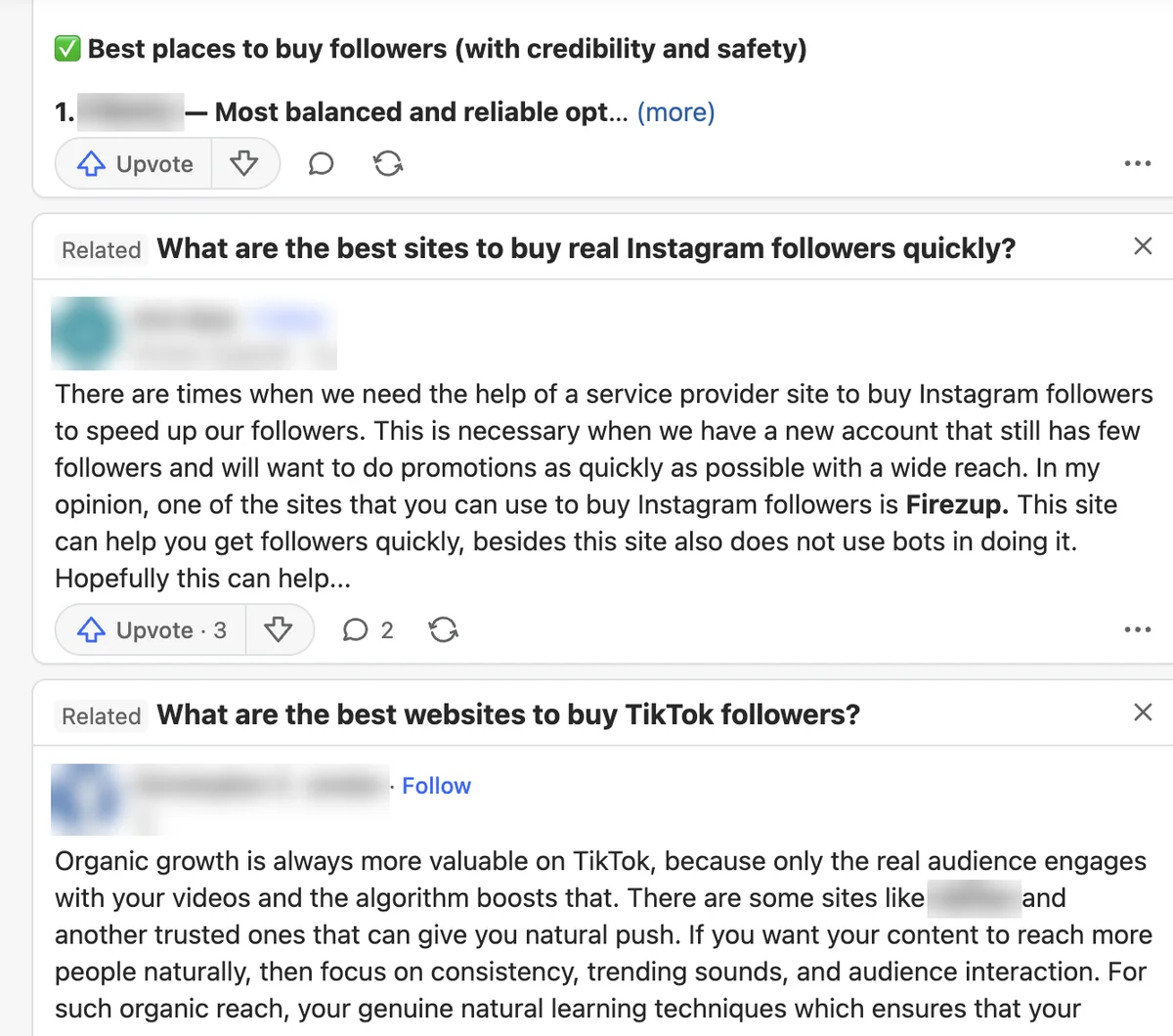 Quora answer naming Firezup as a site to buy Instagram followers quickly that "does not use bots"