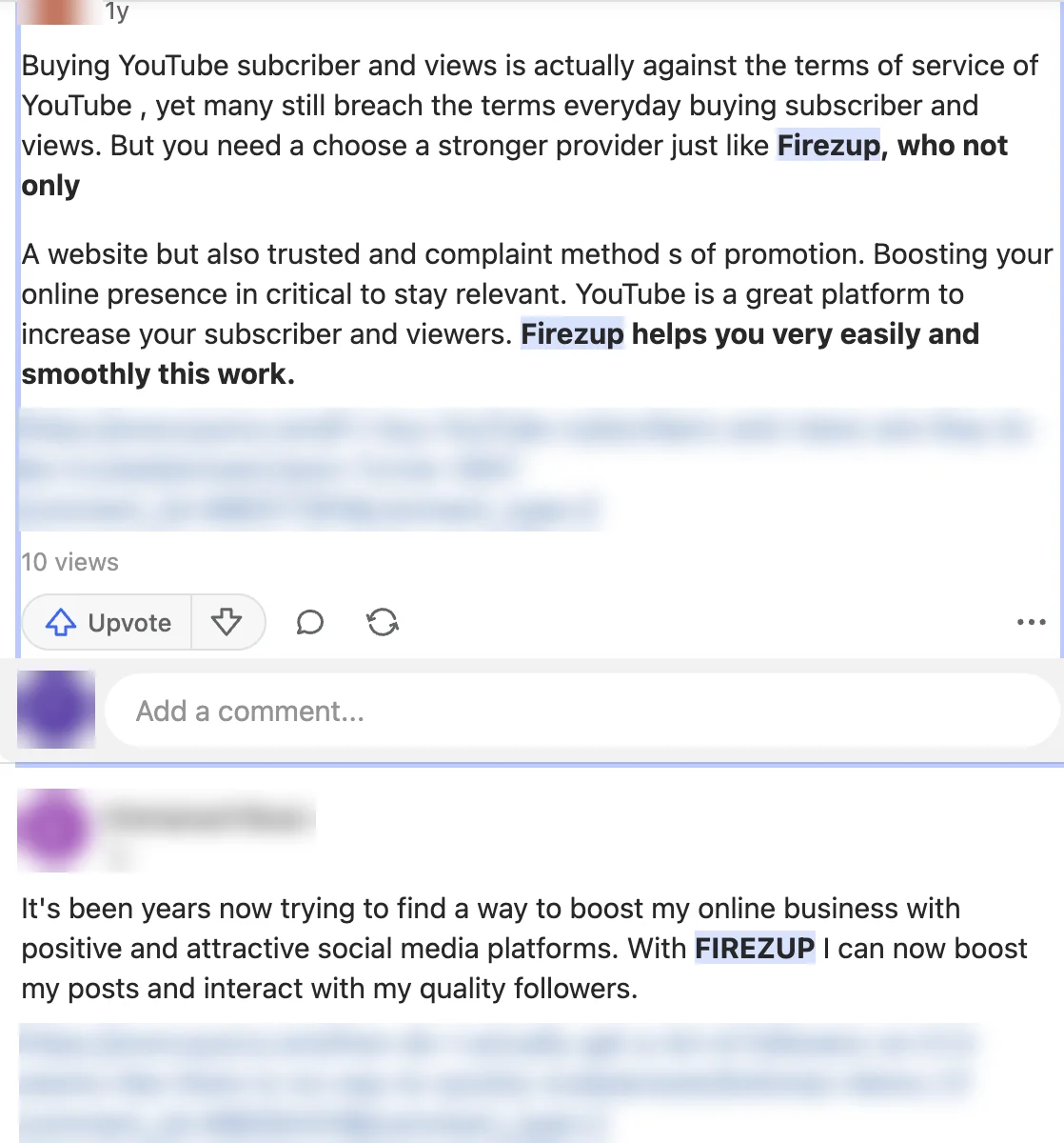 Quora search for Firezup showing two promotional comments praising Firezup in bold with links to other answers
