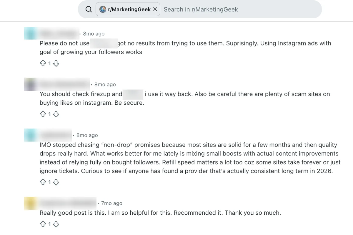 Reddit r/MarketingGeek reply recommending Firezup and warning of scam sites, plus a reply on fading non-drop promises