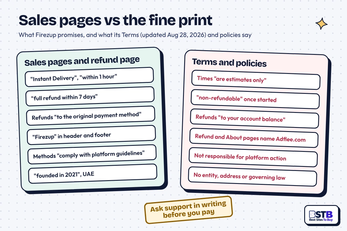 Firezup sales and refund pages vs its Terms: 7-day refund vs non-refundable, card vs account balance