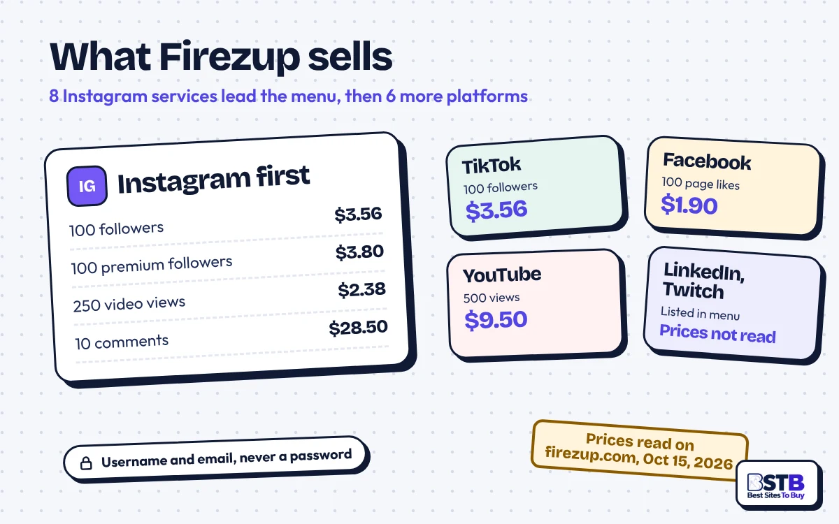 What Firezup sells: Instagram followers, premium followers, views and comments first, then TikTok, Facebook, YouTube