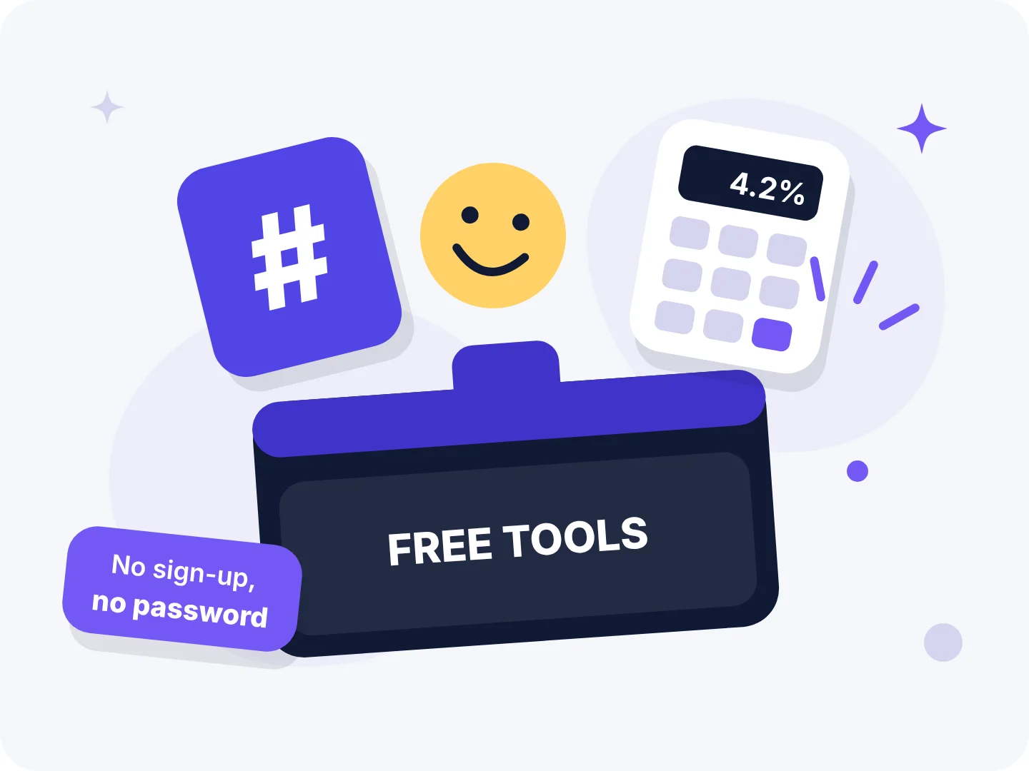 Toolbox of free social media tools with a hashtag, a calculator and a smiling emoji