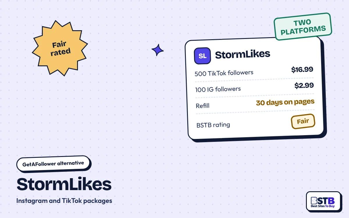 GetAFollower alternative StormLikes: 500 TikTok followers for $16.99, 100 Instagram followers $2.99, rated Fair