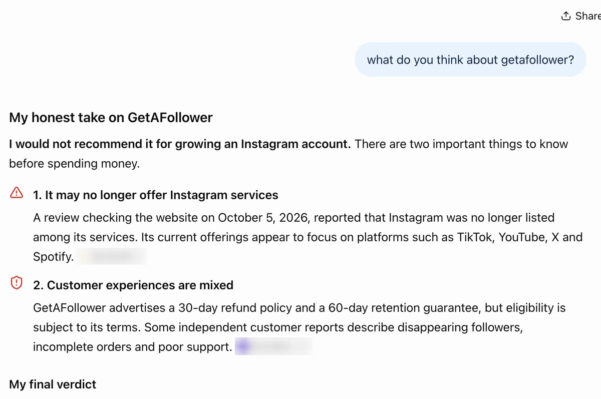 ChatGPT answer on GetAFollower: would not recommend it, may no longer offer Instagram, mixed experiences