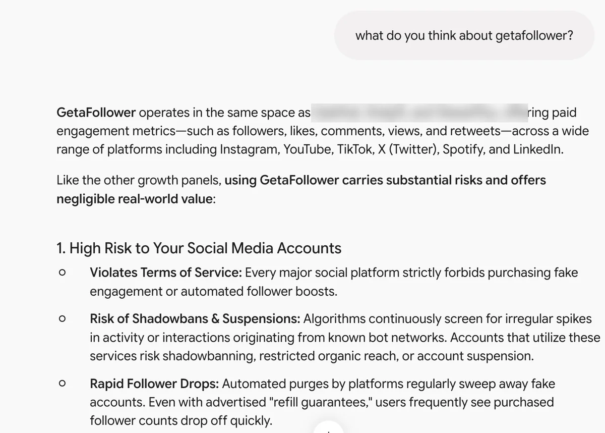 Gemini answer on GetAFollower: substantial risks, platform bans on fake engagement and rapid follower drops