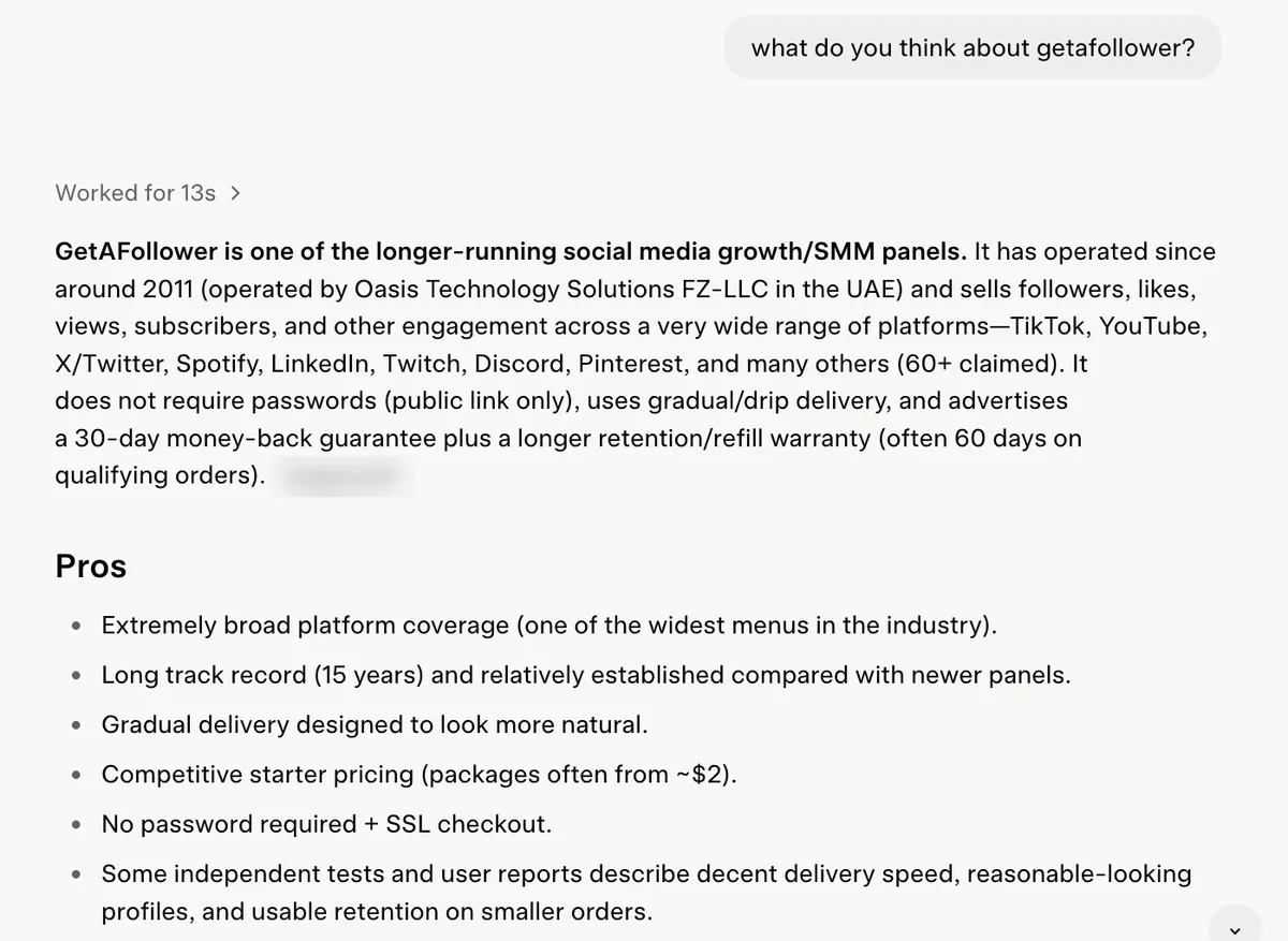 Grok answer on GetAFollower: a long-running SMM panel run by a UAE company, no passwords, 60-day refill