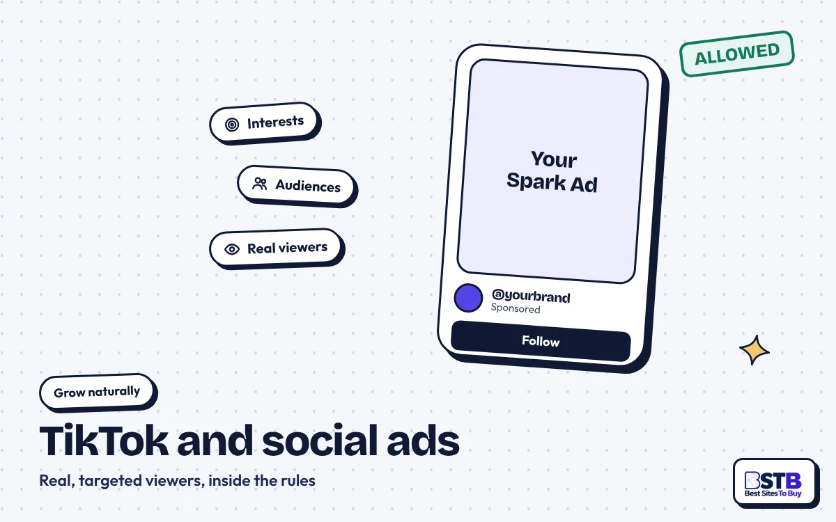 Grow without GetAFollower: a sponsored TikTok Spark Ad with interest and audience targeting chips, stamped Allowed