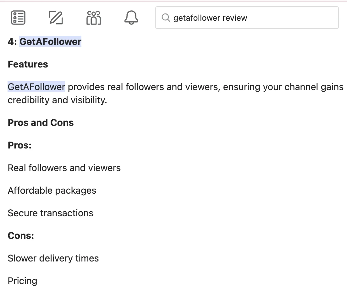 Quora listicle answer ranking GetAFollower with pros like real followers and cons like slower delivery