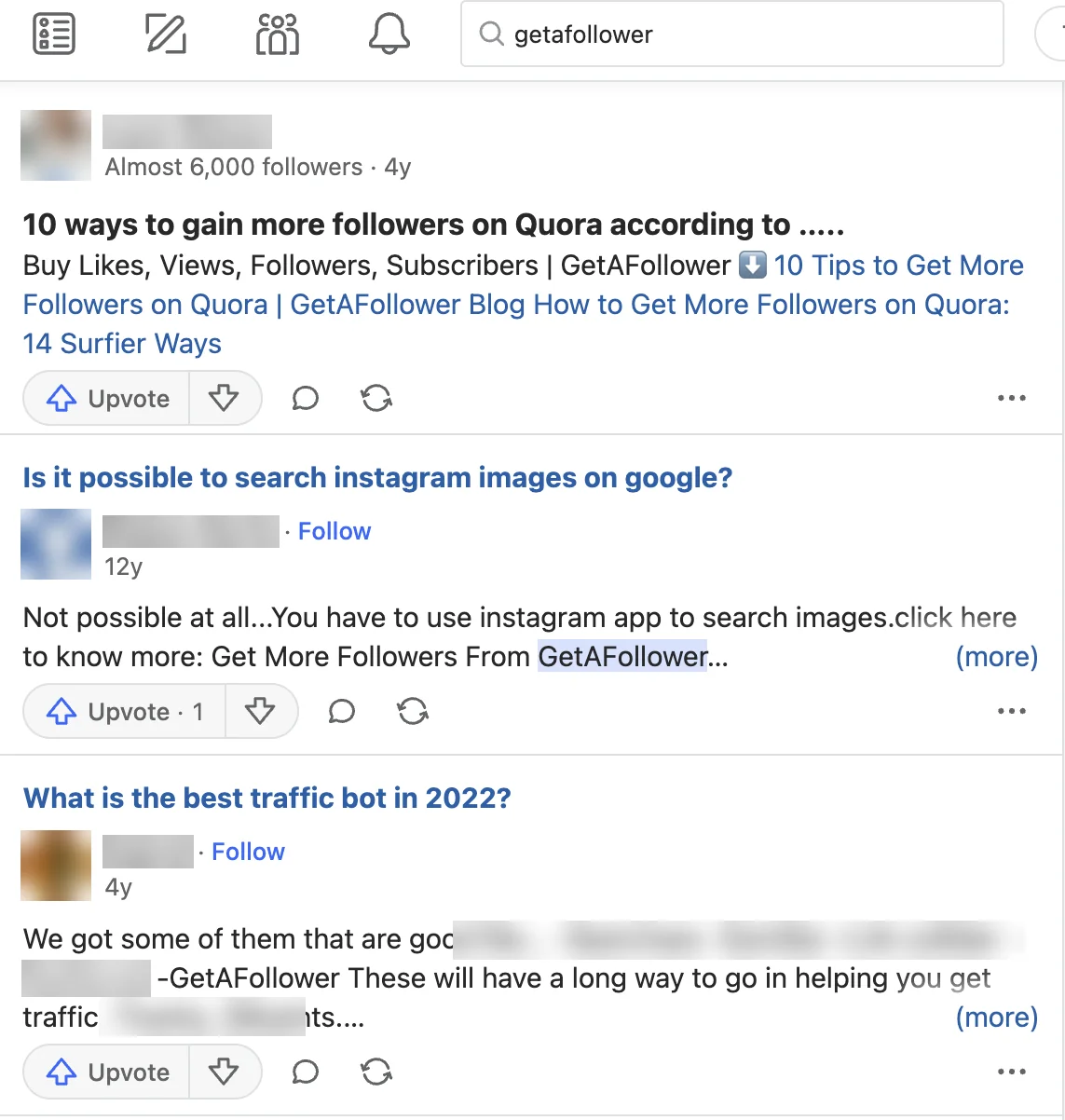 Quora search results for GetAFollower showing older answers that link to its store and blog