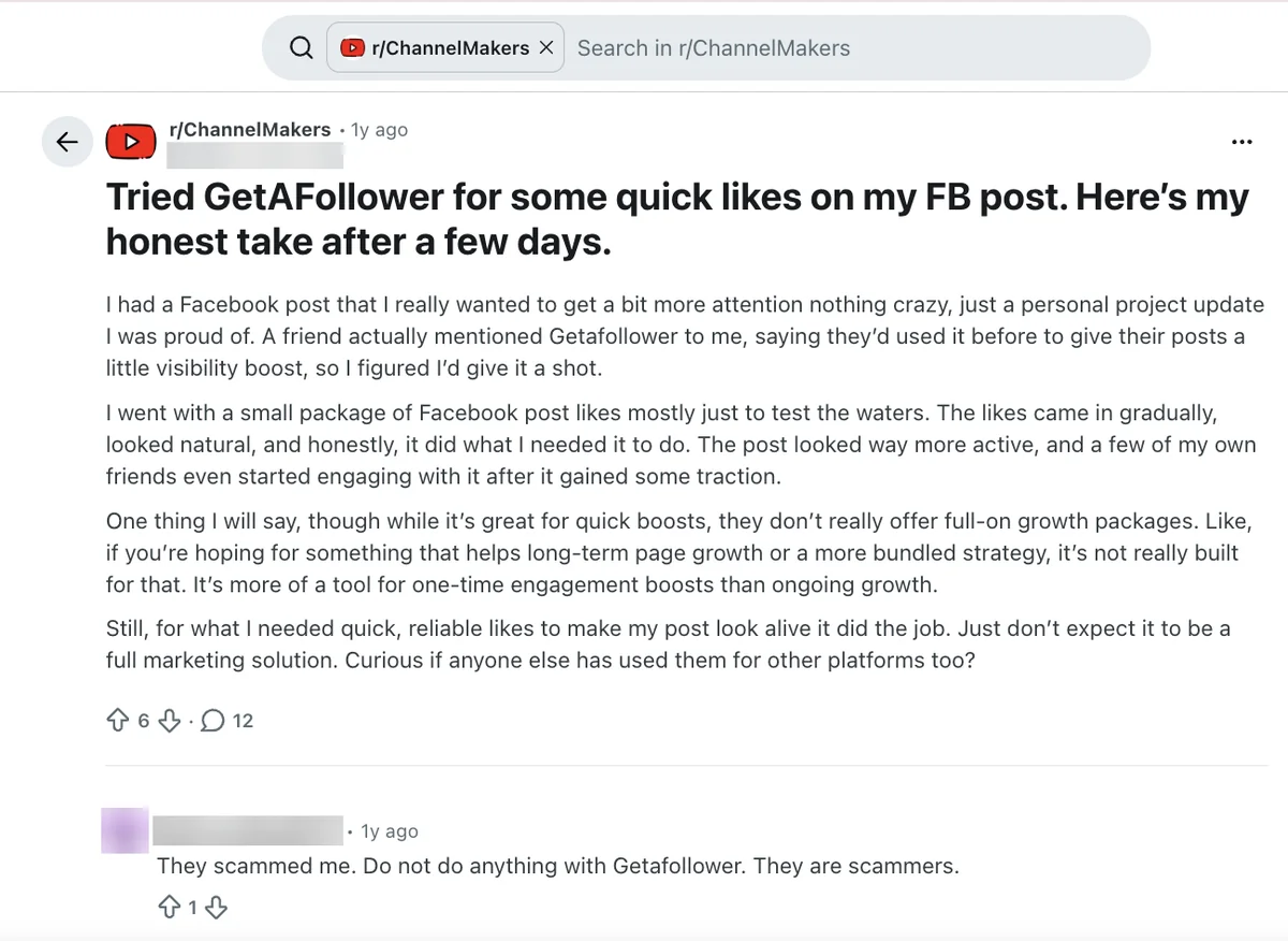 Reddit r/ChannelMakers post on GetAFollower Facebook likes arriving gradually, with a reply calling it a scam