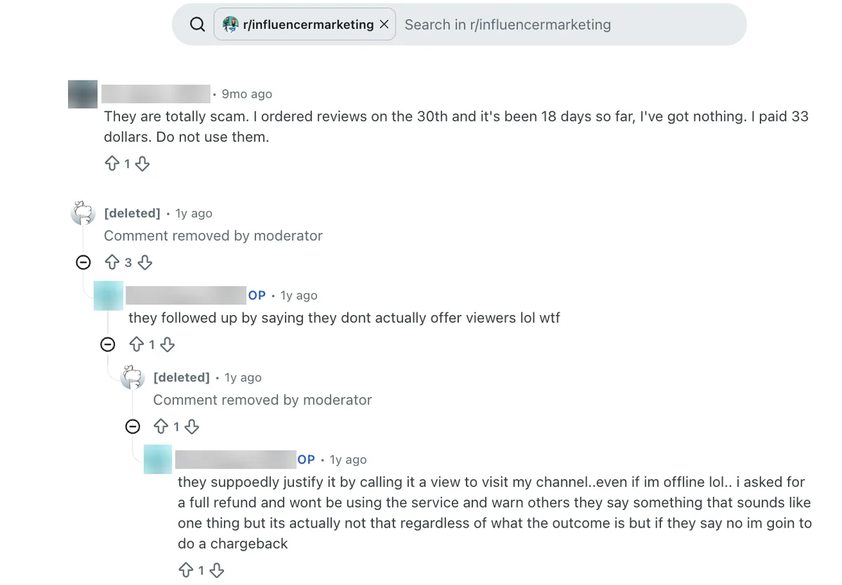 Reddit replies about GetAFollower: $33 paid and nothing after 18 days, and a refund request