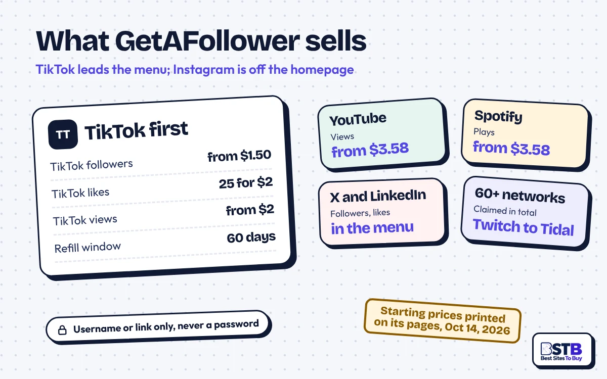 What GetAFollower sells: TikTok followers, likes and views first, then YouTube, Spotify, X and 60+ networks