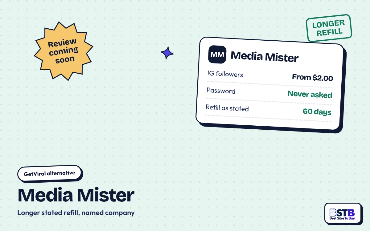 GetViral alternative Media Mister: Instagram followers from $2.00, no password, 60-day refill as stated