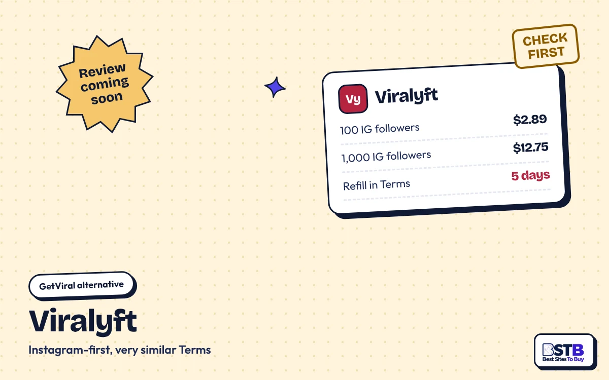GetViral alternative Viralyft: 100 Instagram followers for $2.89, 1,000 for $12.75, 5-day refill in its Terms