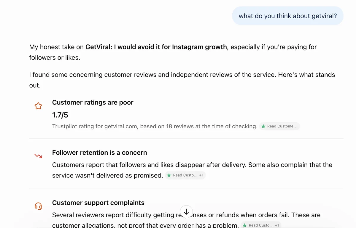 ChatGPT answer on GetViral: would avoid it for Instagram, citing a getviral.com Trustpilot rating and drop complaints