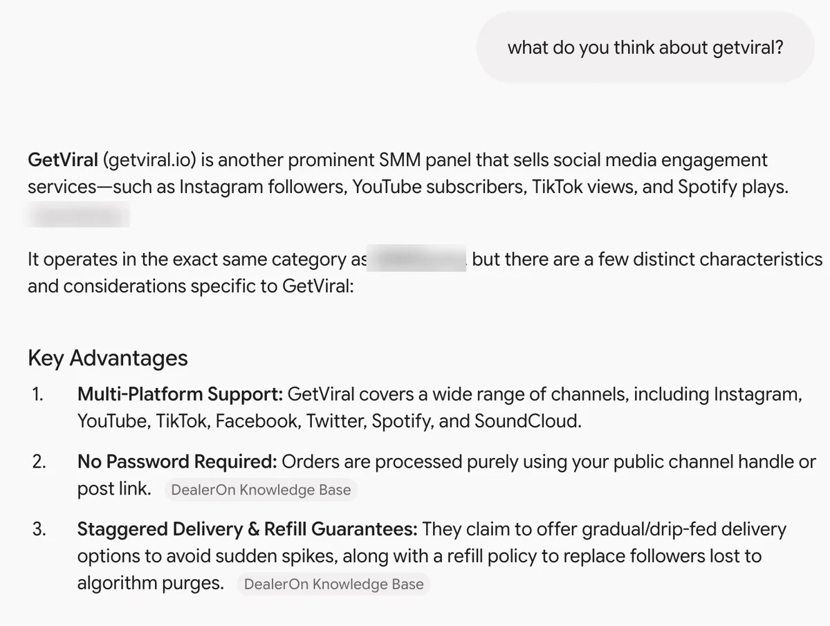 Gemini answer on GetViral: an SMM panel with multi-platform support, no password and claimed refills