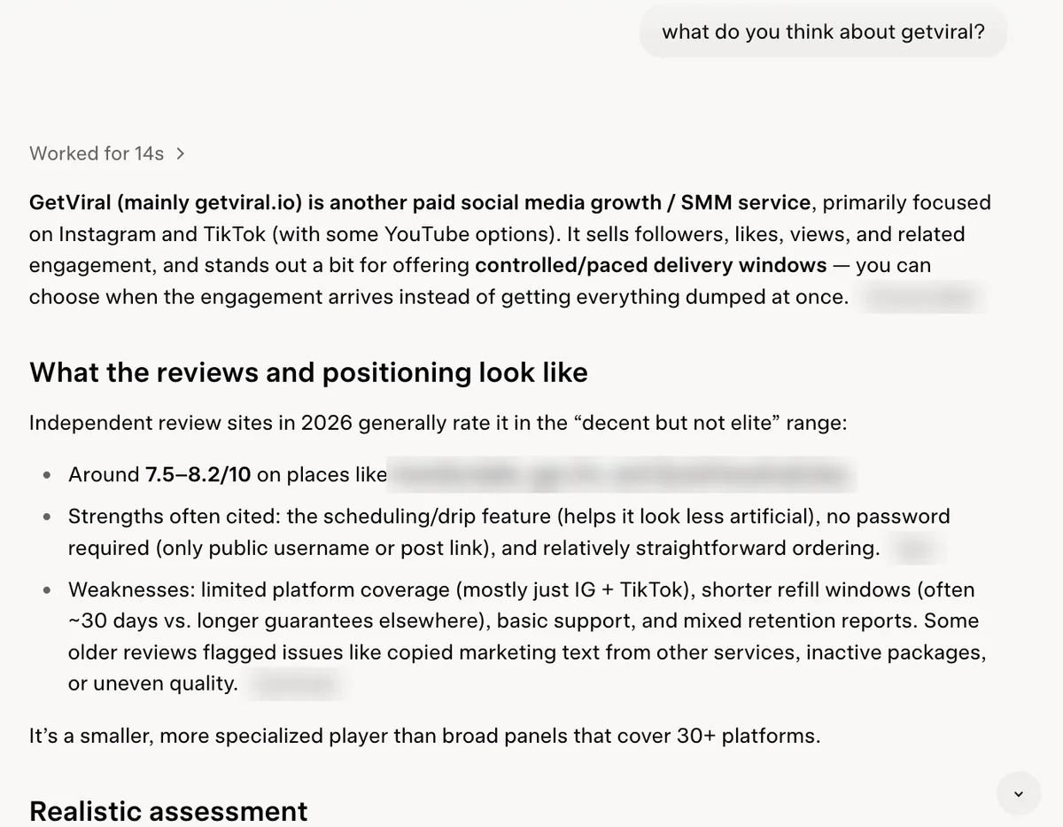 Grok answer on GetViral: a paid SMM service focused on Instagram and TikTok, rated decent but not elite