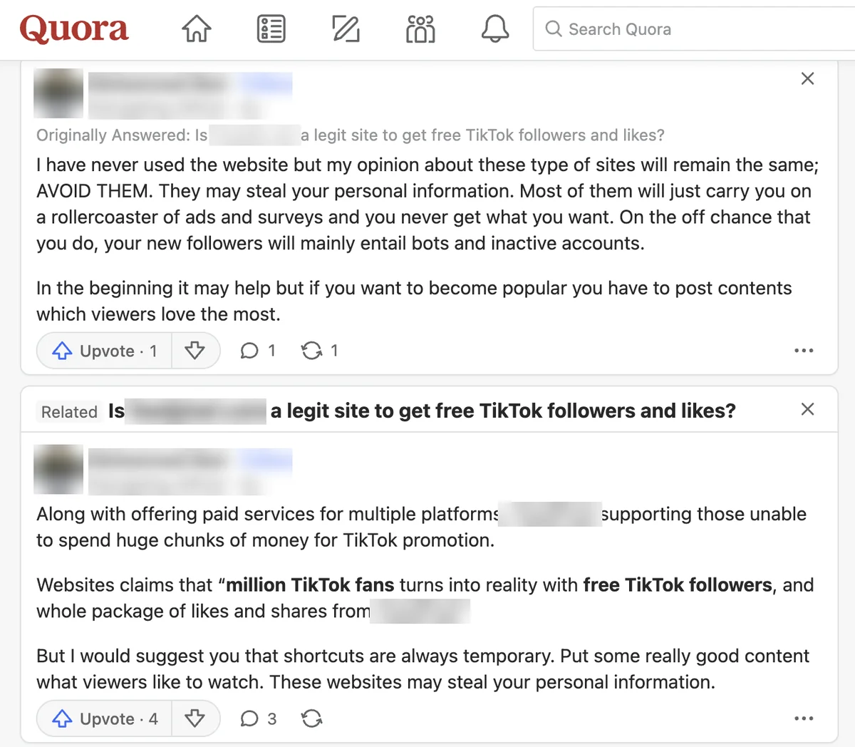 Quora answers warning to avoid free follower sites that may steal personal data; other sites blurred, not GetViral