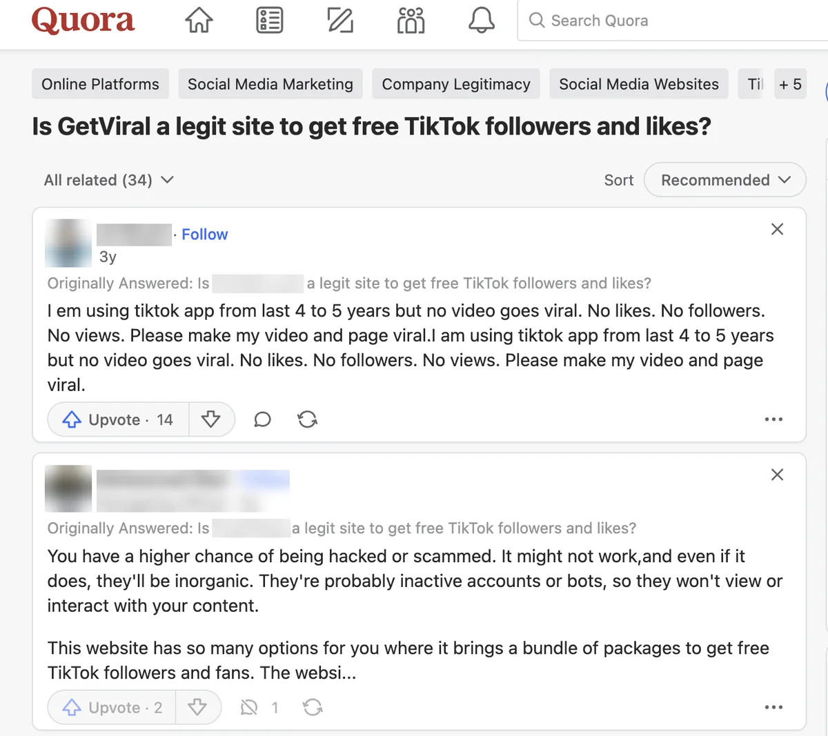 Quora question asking if GetViral is legit for free TikTok followers, with answers first written about other sites